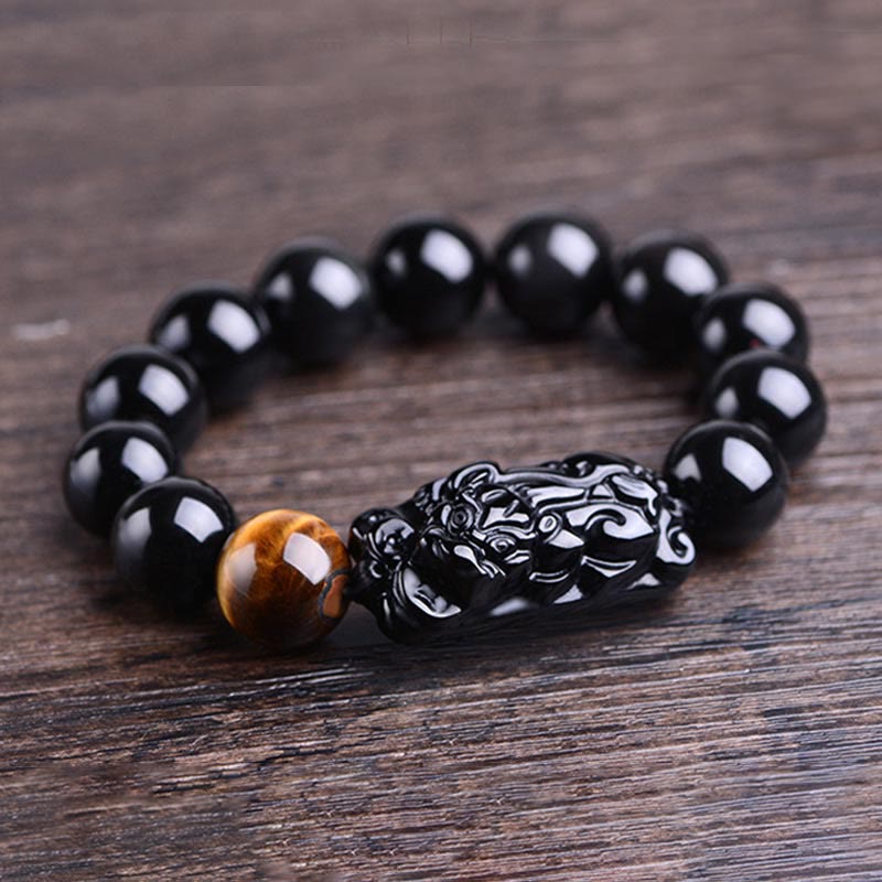 Braccialetto Buddha Stones in ossidiana nera naturale PiXiu Tiger's Eye Strength