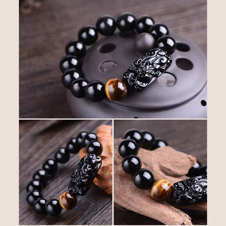 Braccialetto Buddha Stones in ossidiana nera naturale PiXiu Tiger's Eye Strength