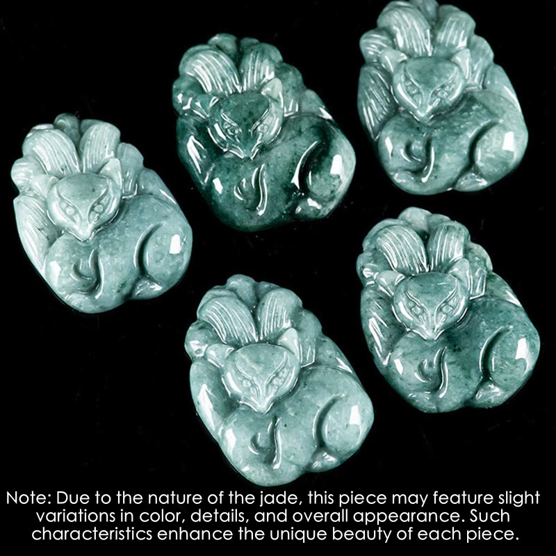 Buddha Stones Natural Green Jade Volpe a nove code Collana con ciondolo della prosperità incisa