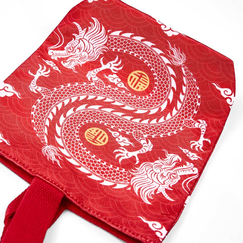 Borsa a mano in tela di cachi con drago cinese e Buddha Stones