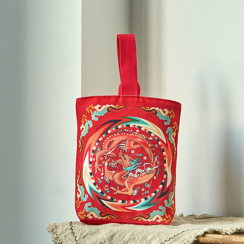 Borsa a mano in tela di cachi con drago cinese e Buddha Stones