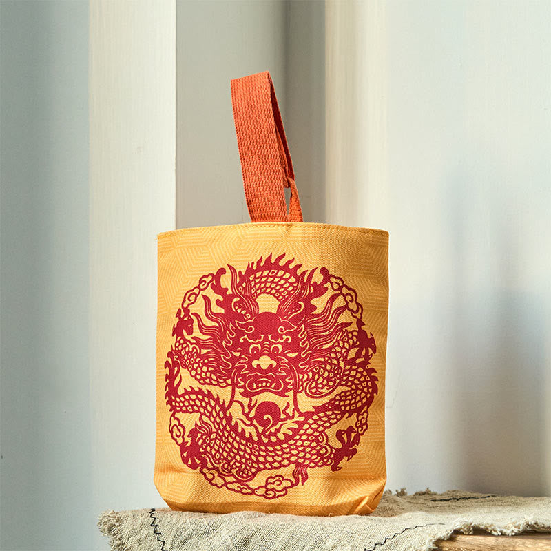 Borsa a mano in tela di cachi con drago cinese e Buddha Stones