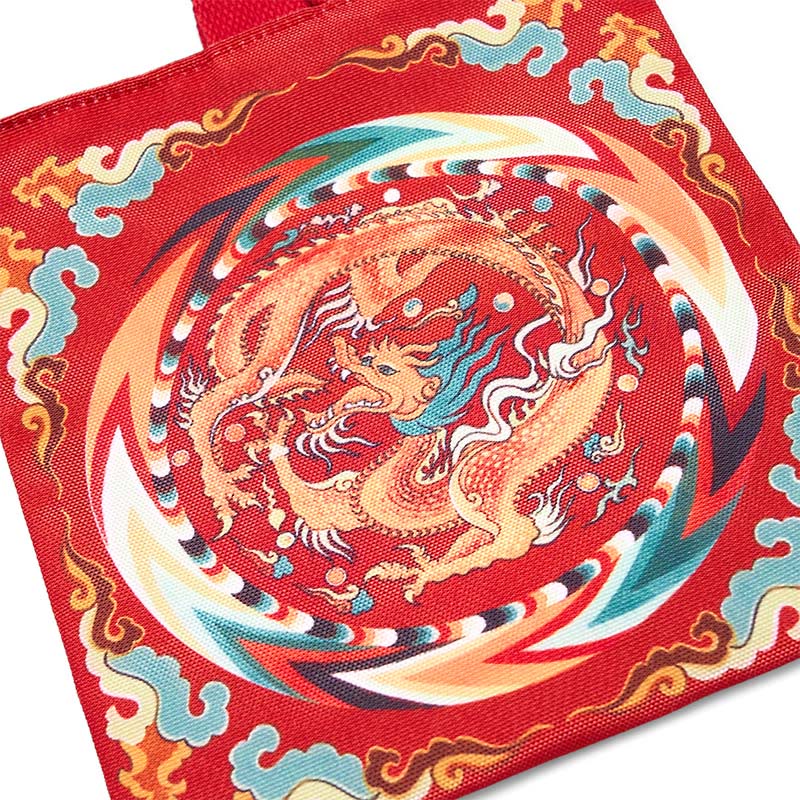 Borsa a mano in tela di cachi con drago cinese e Buddha Stones