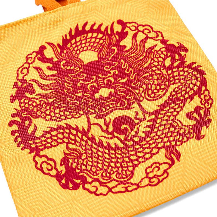 Borsa a mano in tela di cachi con drago cinese e Buddha Stones