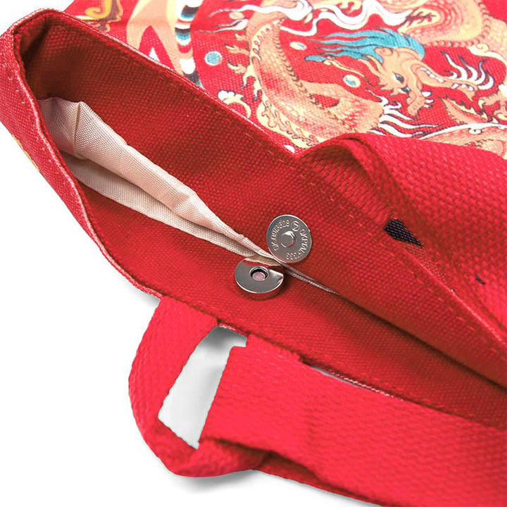 Borsa a mano in tela di cachi con drago cinese e Buddha Stones