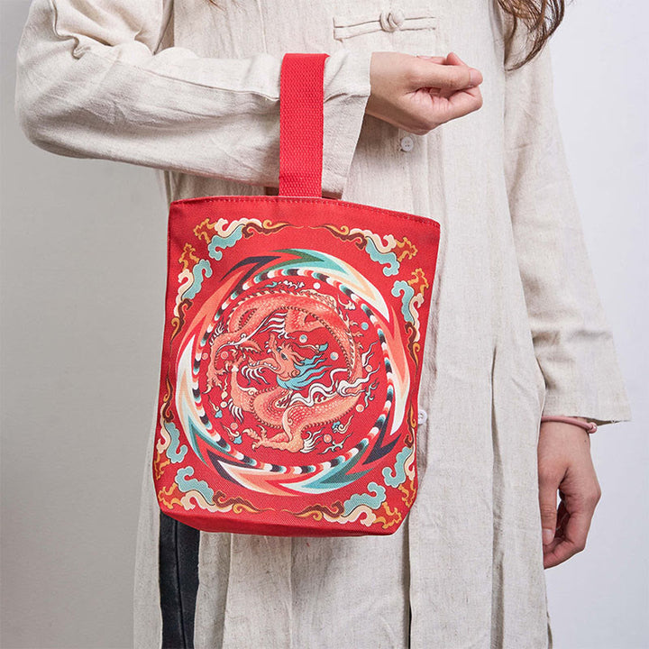 Borsa a mano in tela di cachi con drago cinese e Buddha Stones