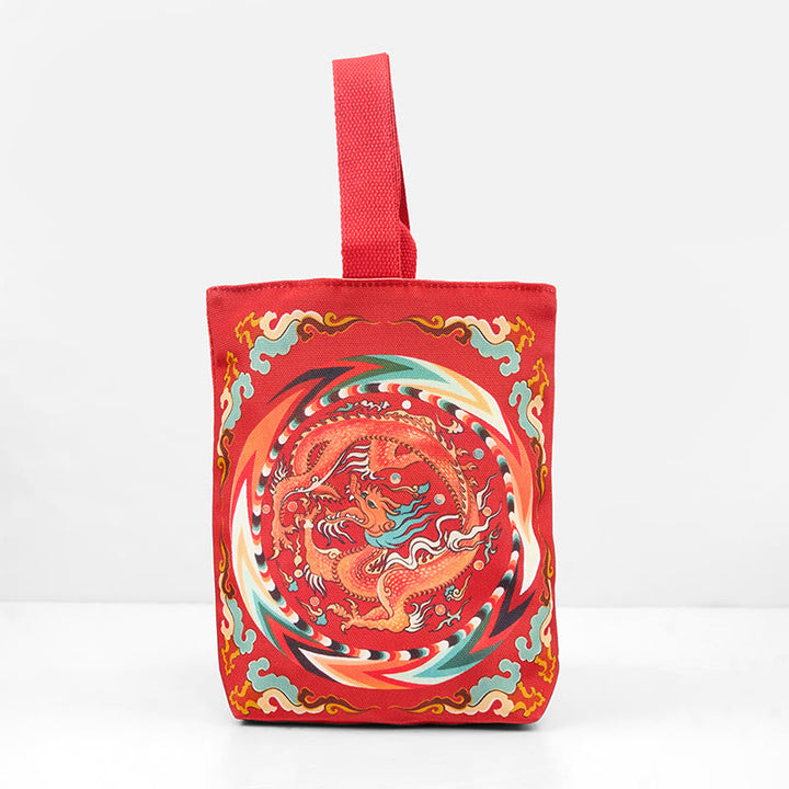 Borsa a mano in tela di cachi con drago cinese e Buddha Stones