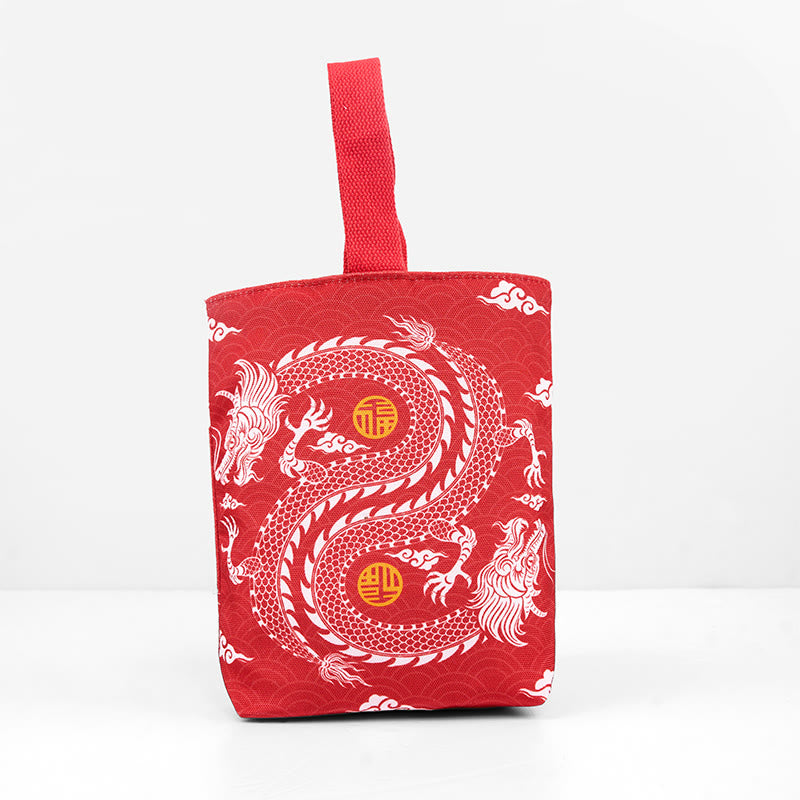 Borsa a mano in tela di cachi con drago cinese e Buddha Stones