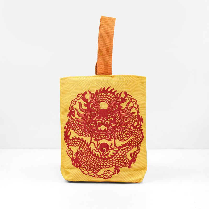 Borsa a mano in tela di cachi con drago cinese e Buddha Stones