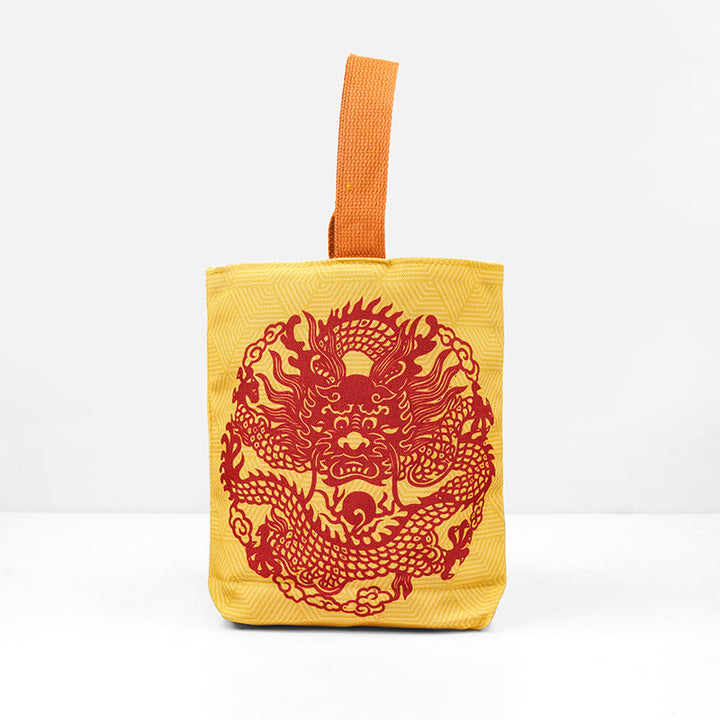 Borsa a mano in tela di cachi con drago cinese e Buddha Stones