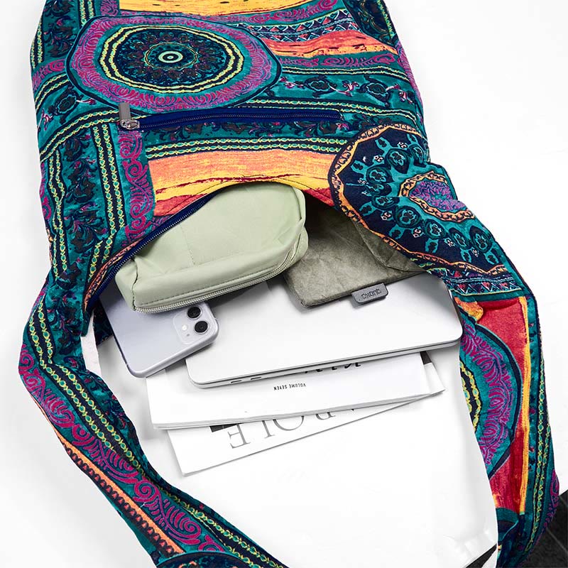 Borsa a tracolla in cotone con motivo a fiori blu Buddha Stones