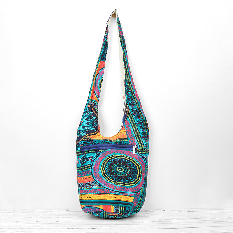 Borsa a tracolla in cotone con motivo a fiori blu Buddha Stones