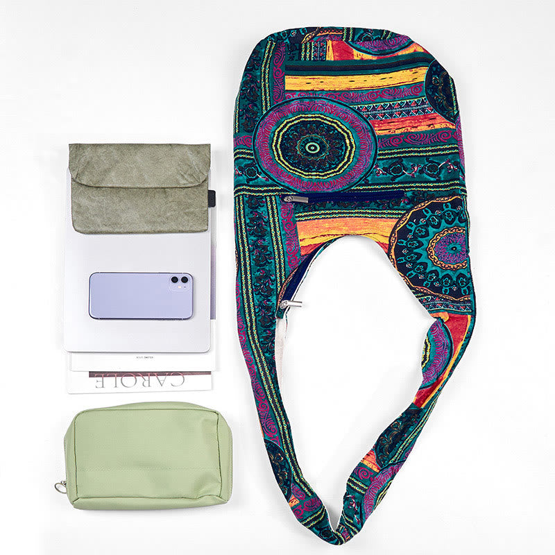 Borsa a tracolla in cotone con motivo a fiori blu Buddha Stones