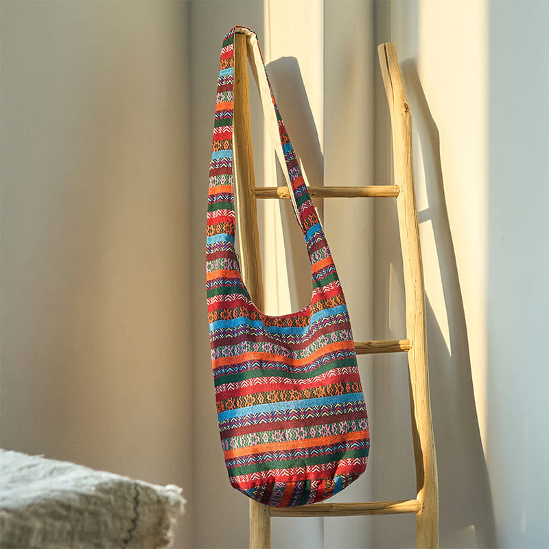 Borsa a tracolla in cotone con motivo a strisce geometriche colorate Buddha Stones