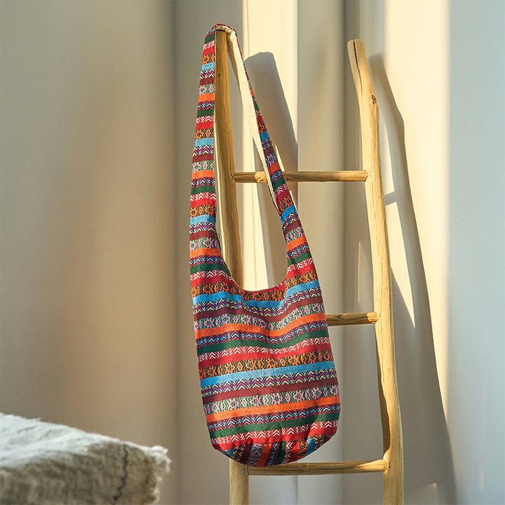 Borsa a tracolla in cotone con motivo a strisce geometriche colorate Buddha Stones