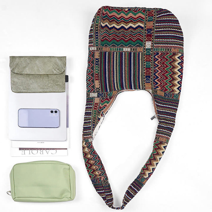 Borsa a tracolla in cotone con motivo a onde marroni e verdi Buddha Stones