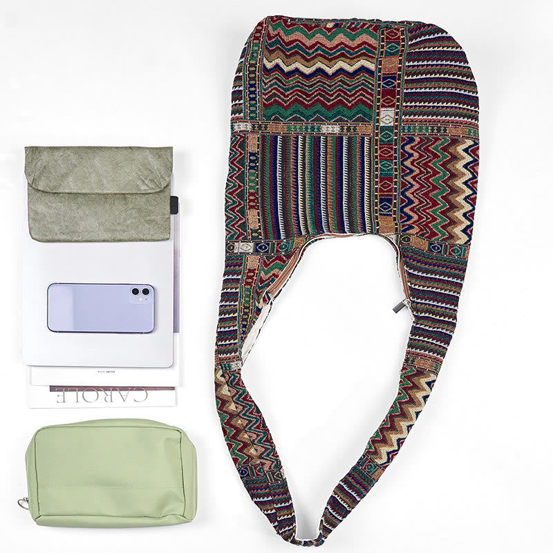 Borsa a tracolla in cotone con motivo a onde marroni e verdi Buddha Stones