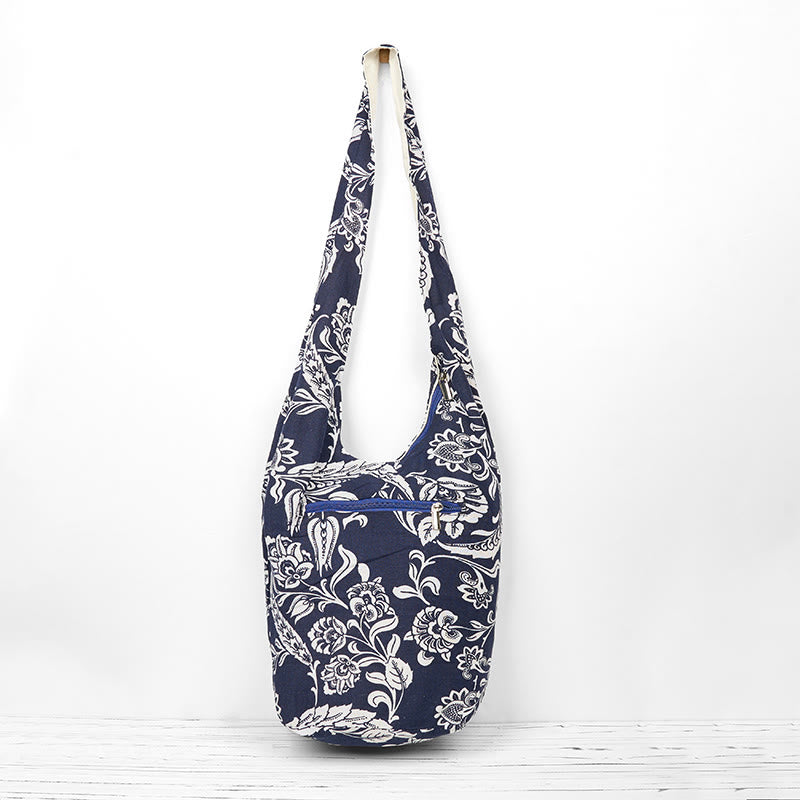 Borsa a tracolla in cotone con motivo a fiori blu navy e bianco Buddha Stones