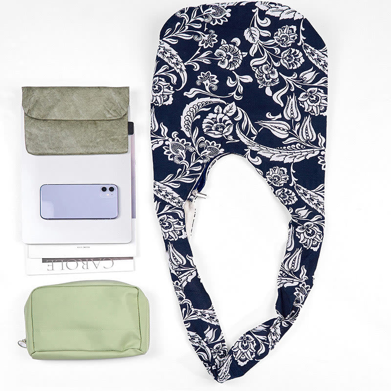 Borsa a tracolla in cotone con motivo a fiori blu navy e bianco Buddha Stones