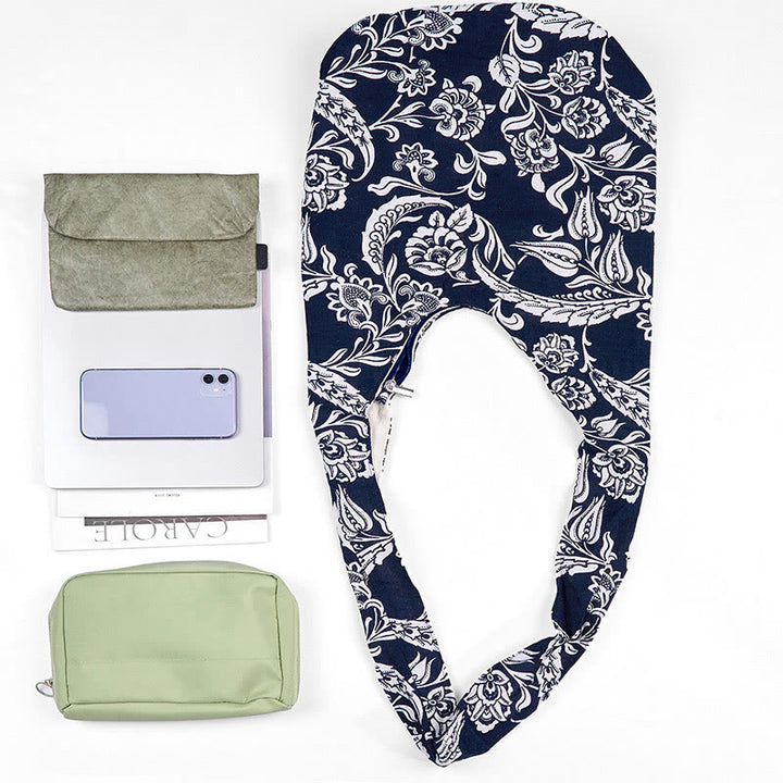 Borsa a tracolla in cotone con motivo a fiori blu navy e bianco Buddha Stones