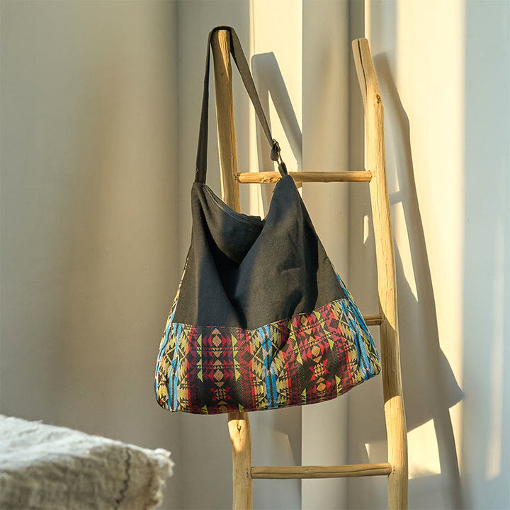 Borsa a tracolla in cotone con motivo a strisce blu e rosso Buddha Stones