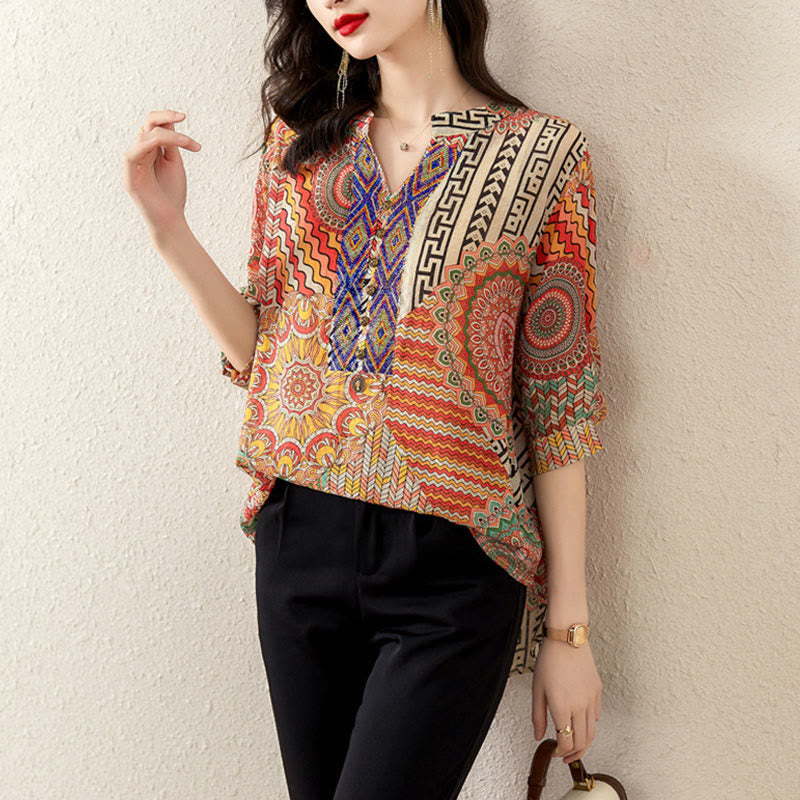Camicia con mezza abbottonatura e mandala geometrico da donna Buddha Stones