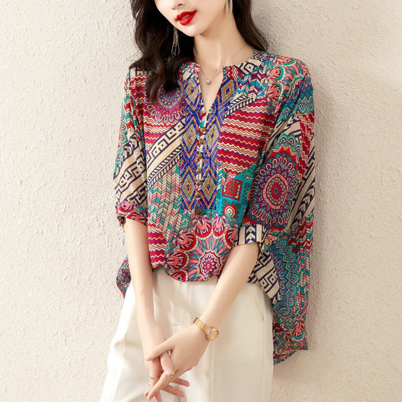 Camicia con mezza abbottonatura e mandala geometrico da donna Buddha Stones