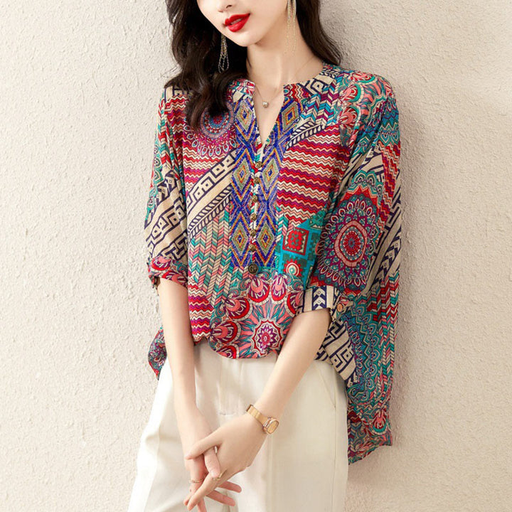 Camicia con mezza abbottonatura e mandala geometrico da donna Buddha Stones