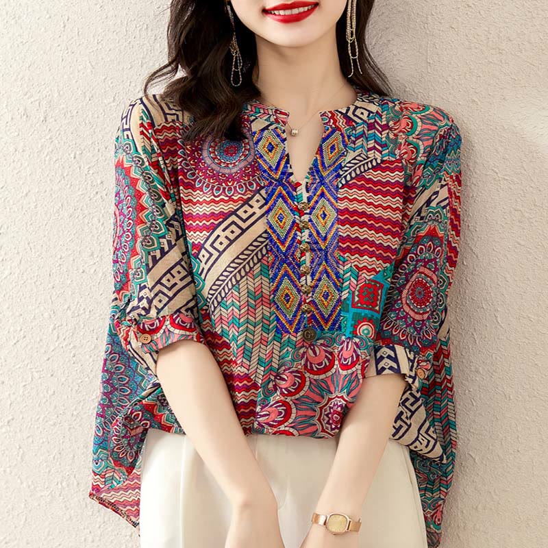 Camicia con mezza abbottonatura e mandala geometrico da donna Buddha Stones