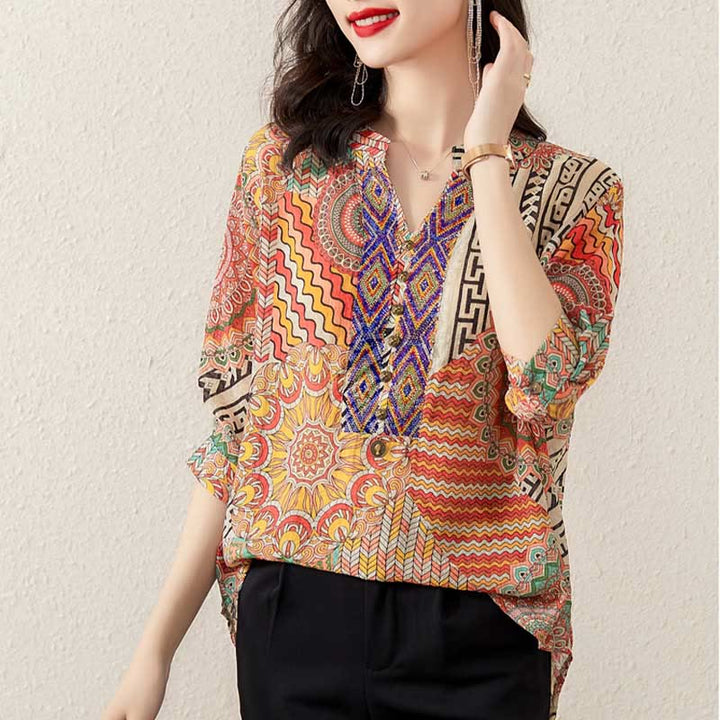 Camicia con mezza abbottonatura e mandala geometrico da donna Buddha Stones