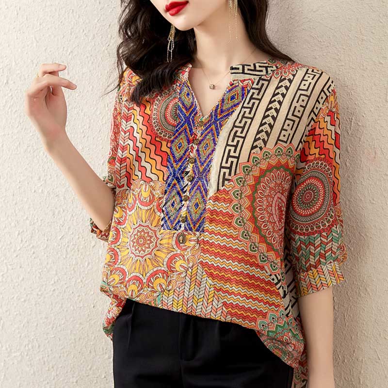 Camicia con mezza abbottonatura e mandala geometrico da donna Buddha Stones