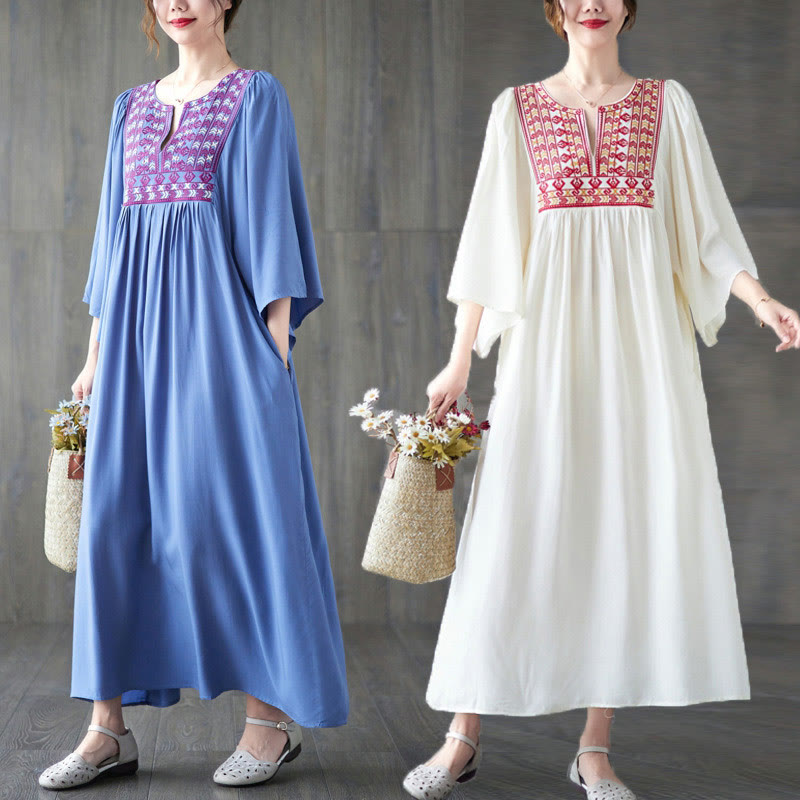 Abito midi con orlo arricciato e intaglio con ricamo Buddha Stones e tasche - image 0