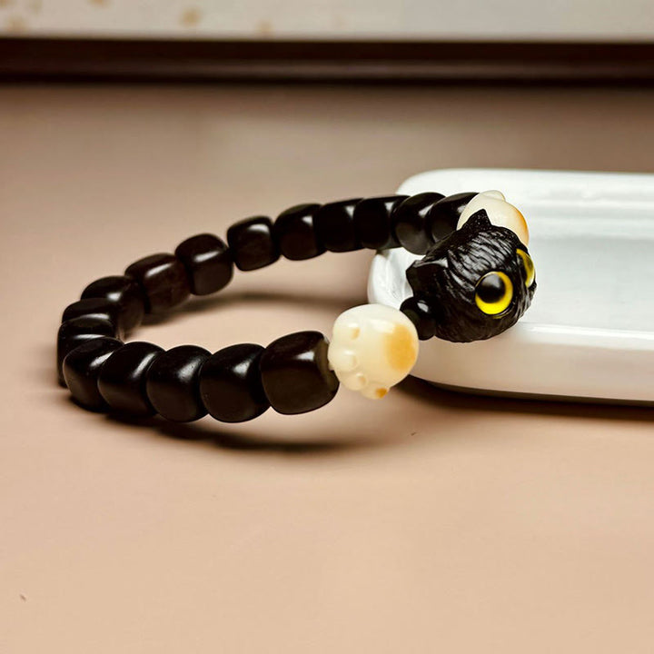 Braccialetto della pace con Buddha Stones, in legno di ebano e semi di Bodhi, con gatto carino - image 2