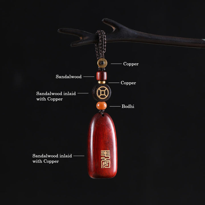 Buddha Stones Piccola foglia Sandalo rosso Legno di ebano Pace Auspicio Moneta di rame Protezione Portachiavi