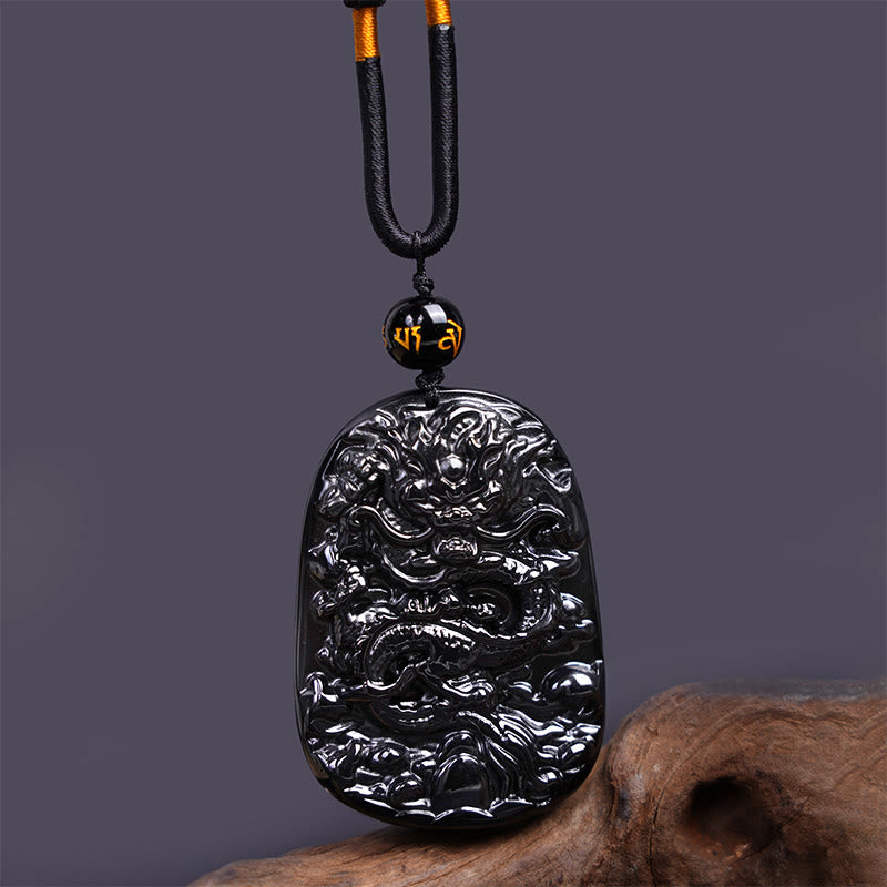 Collana con ciondolo di protezione della fortuna intagliata a forma di drago di ossidiana nera Buddha Stones - Drago ovale 58mm*41mm - image 1