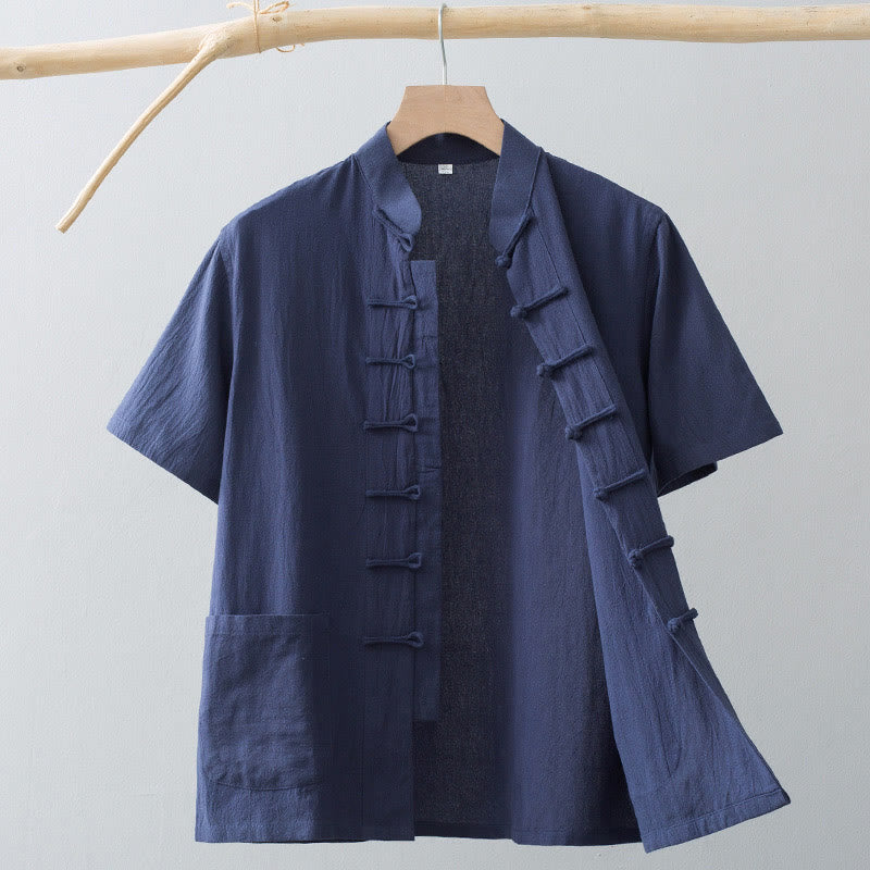Buddha Stones Cinese Rana-Bottone Tang Suit Uomo Camicia Manica Corta Cotone Lino Abbigliamento Con Tasche - SteelBlue - US/UK/AU44, EU54 (4XL) - image 14