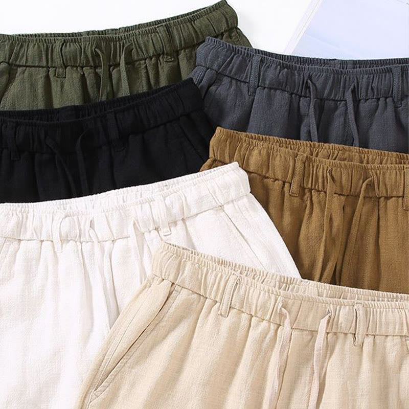 Pantaloni corti con coulisse in lino ramiè tinta unita da uomo Buddha Stones con tasche - image 15