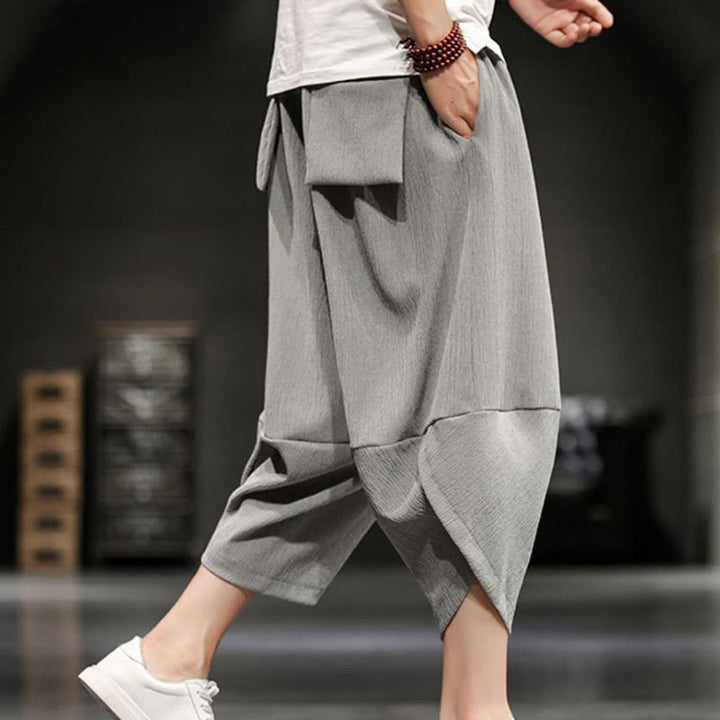 Pantaloni corti da uomo in cotone e lino con tasche Buddha Stones Summer Solid - image 4