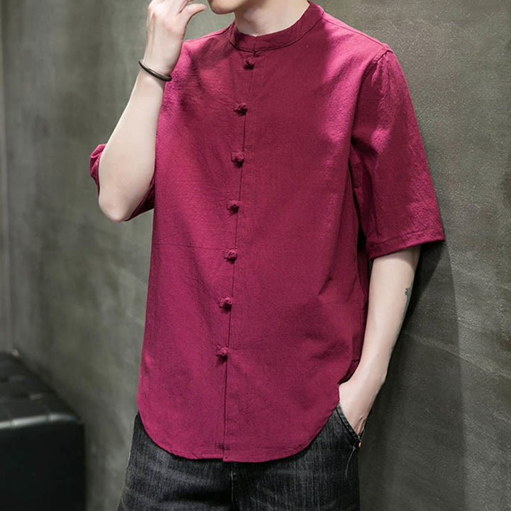 Camicia da uomo in cotone a mezza manica con motivo Buddha Stones, tinta unita - image 12