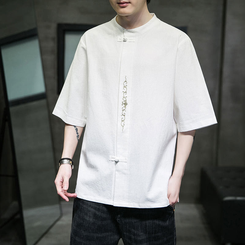 Camicia da uomo in cotone a mezza manica con ricamo a bottone con rana, tinta unita, motivo Buddha Stones - image 25