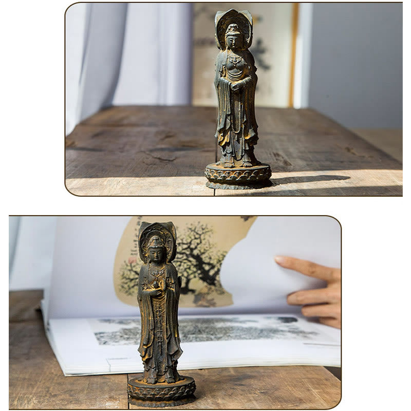 Buddha Stones Triangolare Kwan Yin Avalokitesvara Ferro Polvere Ruggine Resina Statua Ricchezza Decorazione Scrivania