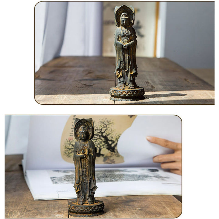 Buddha Stones Triangolare Kwan Yin Avalokitesvara Ferro Polvere Ruggine Resina Statua Ricchezza Decorazione Scrivania