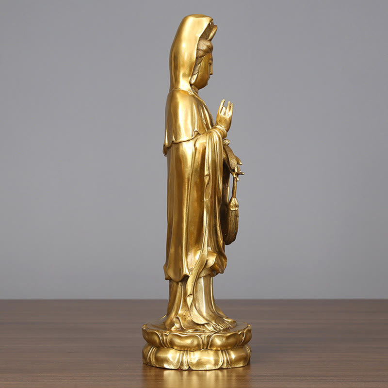 Buddha Stones Dorate in Piedi Kwan Yin Avalokitesvara Ricchezza Ottone Rame Statua Decorazione Scrivania Casa