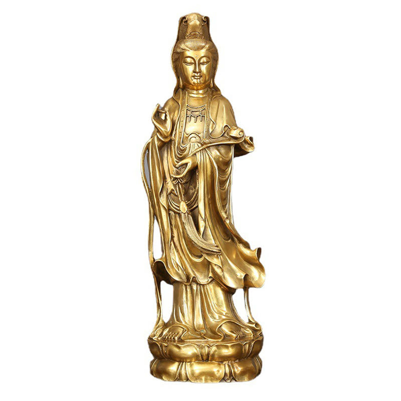 Buddha Stones Dorate in Piedi Kwan Yin Avalokitesvara Ricchezza Ottone Rame Statua Decorazione Scrivania Casa