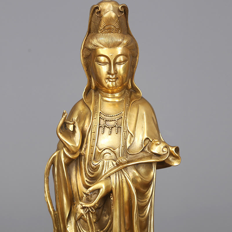 Buddha Stones Dorate in Piedi Kwan Yin Avalokitesvara Ricchezza Ottone Rame Statua Decorazione Scrivania Casa