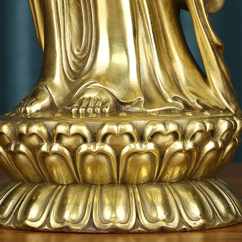 Buddha Stones Kwan Yin Avalokitesvara che tiene la ruota del Dharma Ricchezza Statua in ottone e rame Decorazione