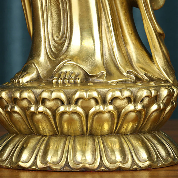 Buddha Stones Kwan Yin Avalokitesvara che tiene la ruota del Dharma Ricchezza Statua in ottone e rame Decorazione