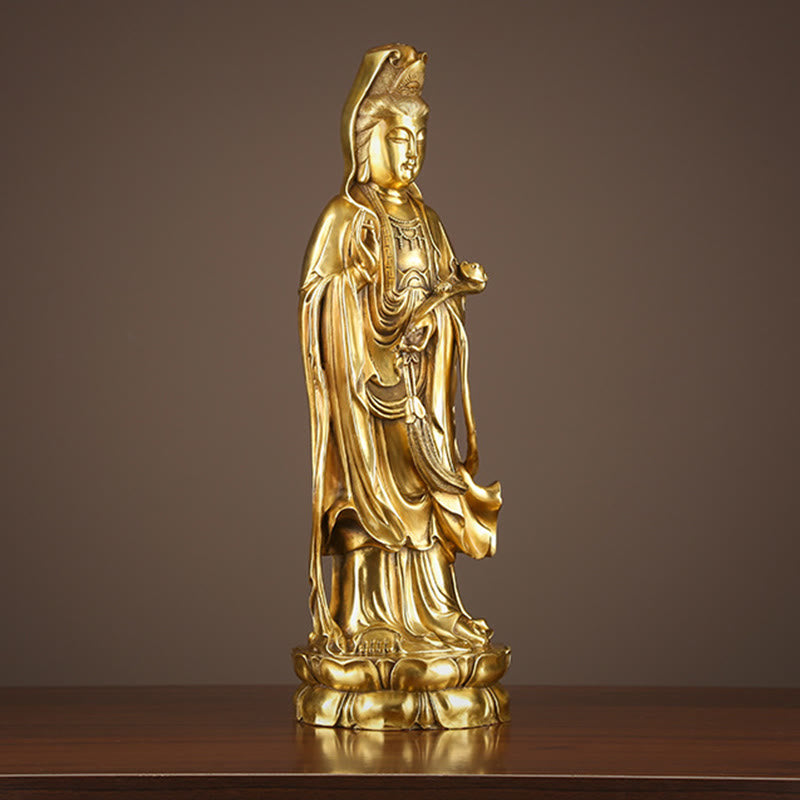 Buddha Stones Kwan Yin Avalokitesvara che tiene la ruota del Dharma Ricchezza Statua in ottone e rame Decorazione