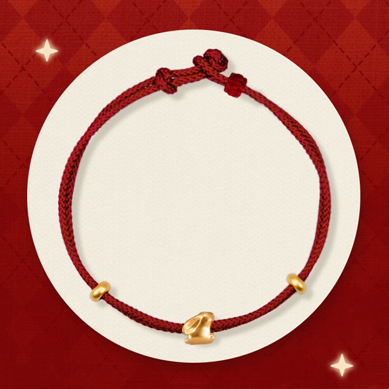 Braccialetto in corda intrecciata fatto a mano con design a forma di coniglio fortunato osmanto, in oro 999, con Buddha Stones - Coniglio fortunato e due perle d'oro (circa 0,31 g di oro) - 21 centimetri - image 0