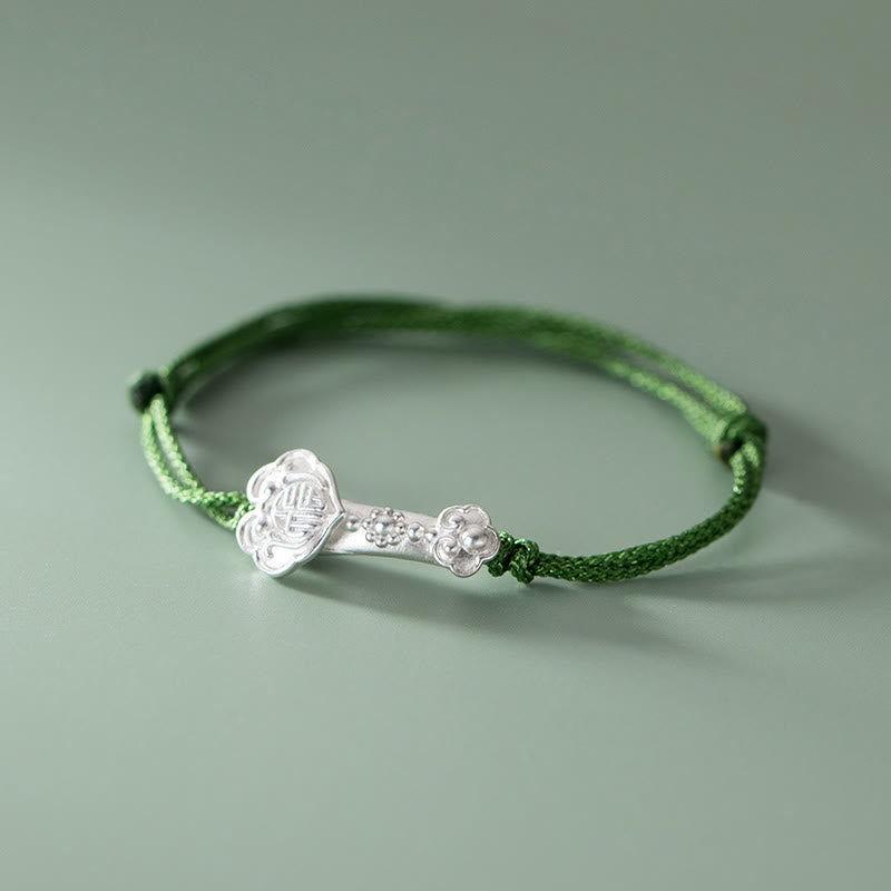 Braccialetto in corda verde intrecciata con impugnatura Ruyi, in argento sterling 999, fatto a mano, con carattere Fu , Buddha Stones